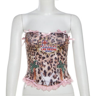 Bowknot leopard print lace hem backless tube top