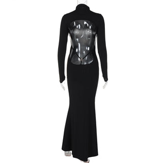 Long sleeve high neck backless solid maxi dress