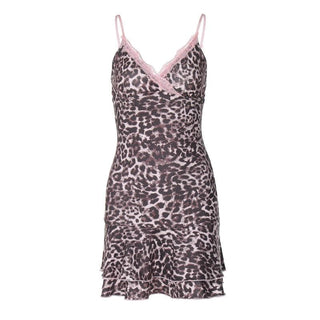 Leopard print v neck lace hem cami mini dress