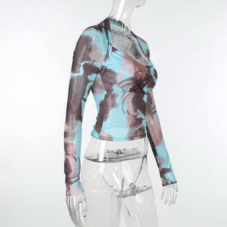 Long sleeve tie dye mesh top