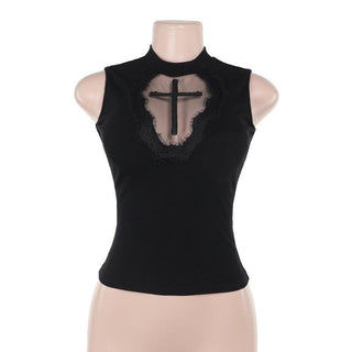 Sleeveless crewneck cross pattern solid top