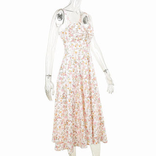 Drawstring ruched sweetheart neck flower print cami midi dress