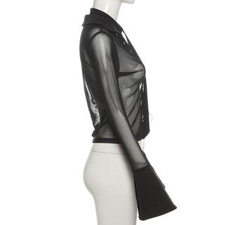 Turnover collar long sleeve mesh self tie top