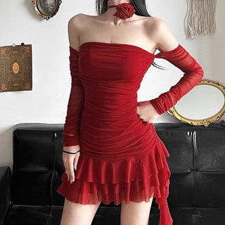 Long sleeve sheer mesh flower applique mini dress