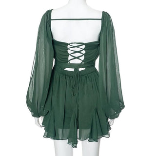 Long puff sleeve mesh print ruched mini dress-final-sale