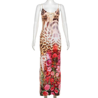 Leopard print cross front lace up cami maxi dress