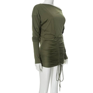 Ruched drawstring self tie long sleeve irregular mini dress