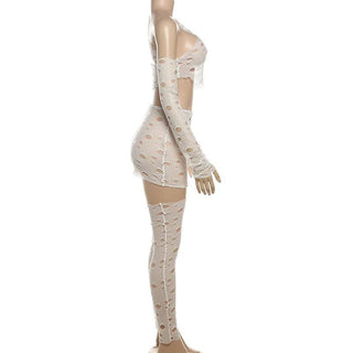 Hollow out one shoulder irregular long sleeve pant set