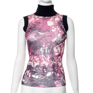 Sleeveless high neck butterfly print mesh top