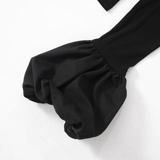 Long puff sleeve round neck ribbed ruched top