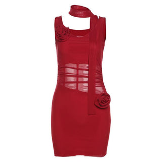 Cowl neck sheer mesh flower applique cami mini dress