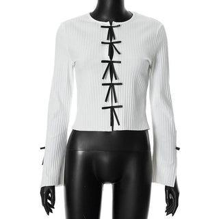 Long sleeve slit hollow out bowknot textured cut out top