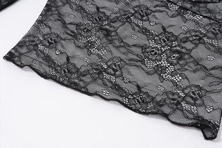 Long sleeve halter lace ruched see through top