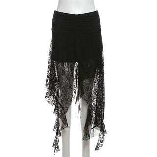 Lace mesh patchwork ruched ruffle midi skirt