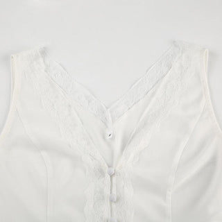V neck button lace hem solid tank top