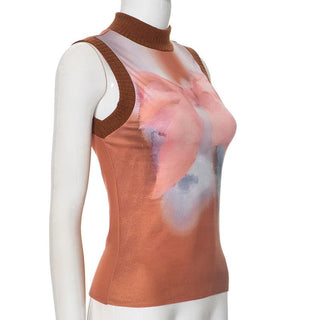 High neck sleeveless knitted patchwork print top