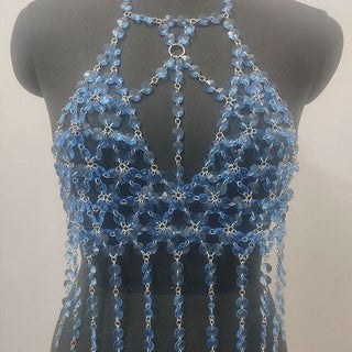 Halter o ring hollow out crystal tassels cut out top