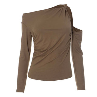 Hollow out long sleeve ruched one shoulder knotted cut out top