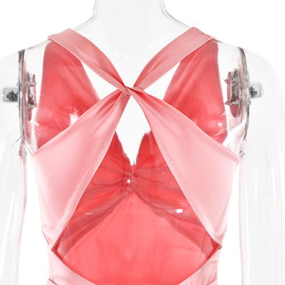 Ruched bowknot v neck satin cross back maxi dress