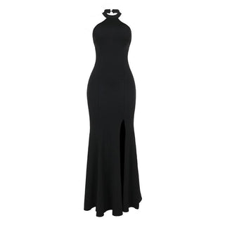Halter backless high slit solid maxi dress-final-sale
