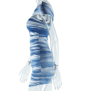 Off shoulder irregular print ruched mini dress