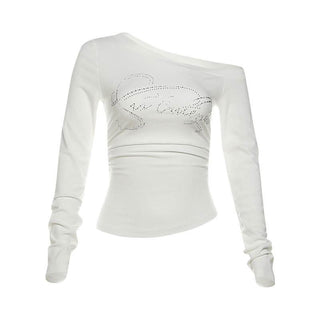 Long sleeve beaded one shoulder ruched top