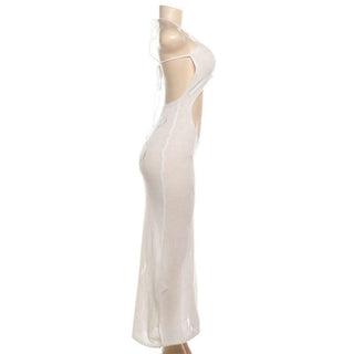 Self tie halter hollow out see through knitted cut out maxi dress