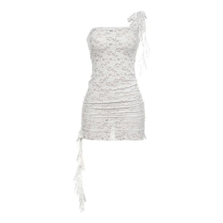 Lace see through one shoulder ruffle knotted ruched mini dress