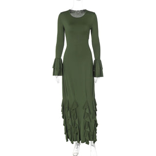Long flared sleeve crewneck ruffle self tie maxi dress