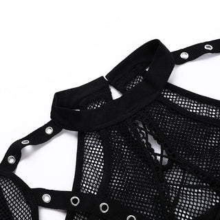 Short sleeve fishnet hollow out patchwork cut out top