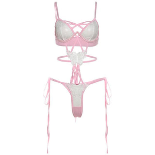 Lace butterfly pattern cross front hollow out cami bodysuit