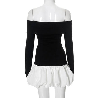 Ruched long sleeve off shoulder contrast mini dress