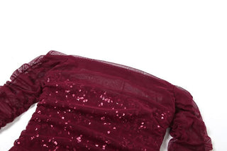 Off shoulder glitter long sleeve mesh ruched mini dress