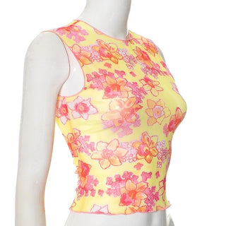 Sleeveless flower print sheer mesh crop top