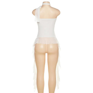 Ruffle mesh stitch self tie solid backless tube top