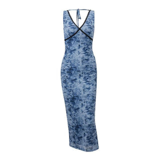V neck lace hem print mesh knotted midi dress