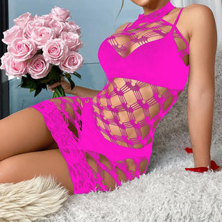 Halter net hollow out solid bodysuit