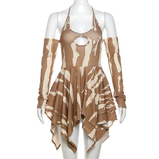 Long sleeve hollow out halter self tie ribbed cut out mini dress