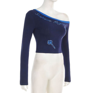 Long sleeve off shoulder beaded letter pattern top