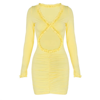 Long sleeve v neck hollow out ruffle cut out mini dress