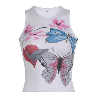 Round neck butterfly print ribbed tank top