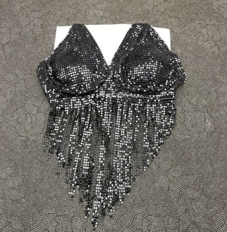 V neck halter self tie tassels glitter top