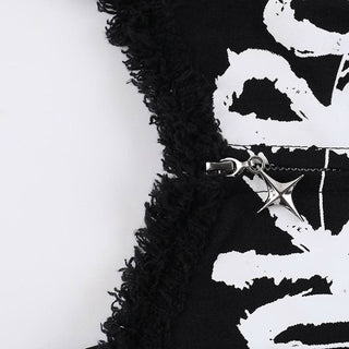 Zip-up letter print rivet applique raw hem cami top