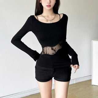 Long sleeve mesh print irregular solid top