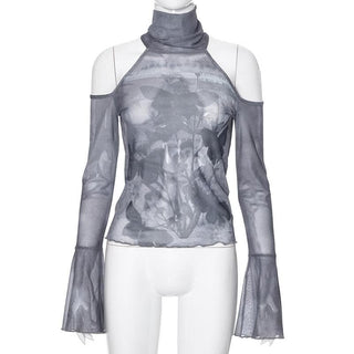 Long flared sleeve high neck sheer mesh print off shoulder top