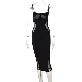 Sweetheart neck mesh patchwork cami midi dress