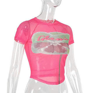 Short sleeve sheer mesh print crop top