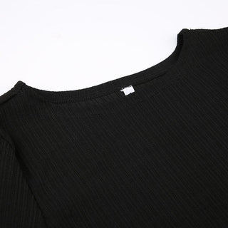 Long flared sleeve crewneck ribbed ruffle solid top