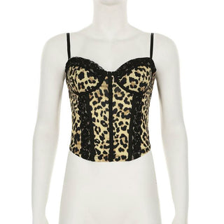 Leopard print sweetheart neck lace hem cami top