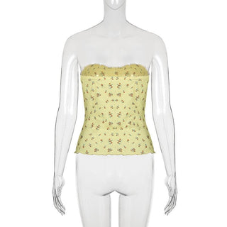 Ruched ruffle print flower applique tube top